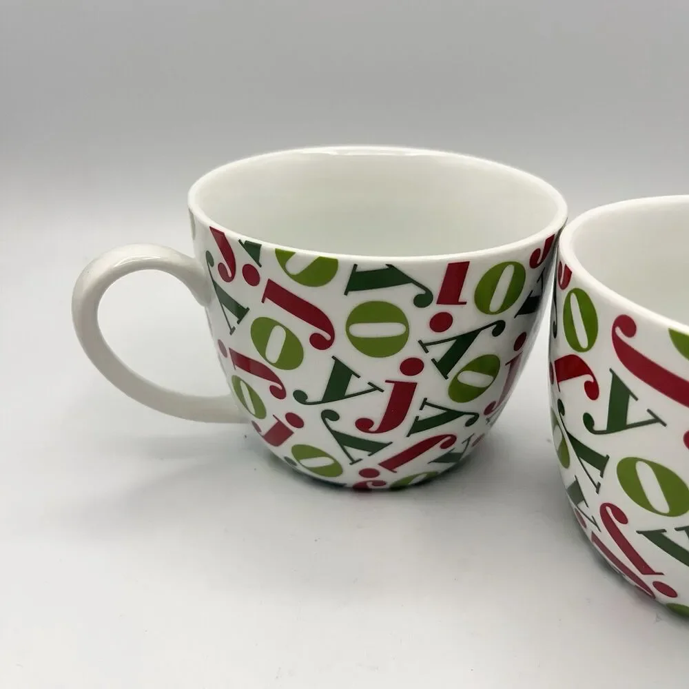 Pair Vintage Crate & Barrel 16oz JOY Mugs Holiday Christmas Red/Green Porcelain